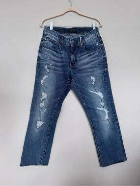 Outpost Makers Mens Jeans 32x27 Original Straight Distressed Blue Hemmed Short